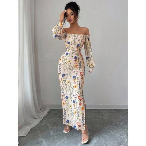 New Women's Elegant Off-Shoulder Floral Branch Print Mesh Elastic Waist Ru - Picture 3 of 6